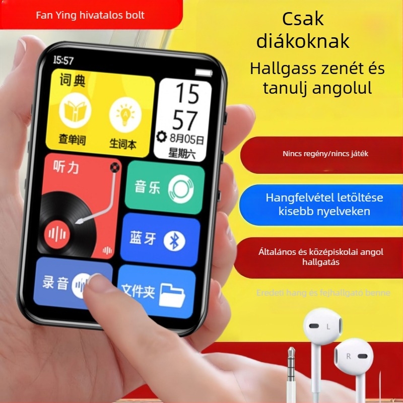 Nyelvtanulási lejátszó japán és angol nyelvhez, MP3/MP4, Bluetooth, teljes képernyő