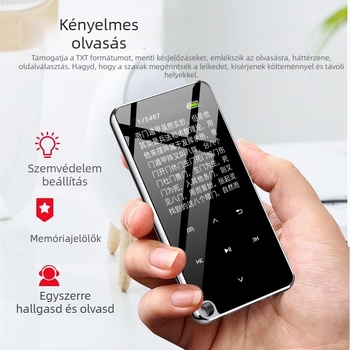 Bluetooth MP3 lejátszó TF-kártyával, MP4-támogatás, TFT kijelző 320x240 felbontással, MP3/WMA/WAV/PCM/AAC formátumok, FM rádió és felvétel