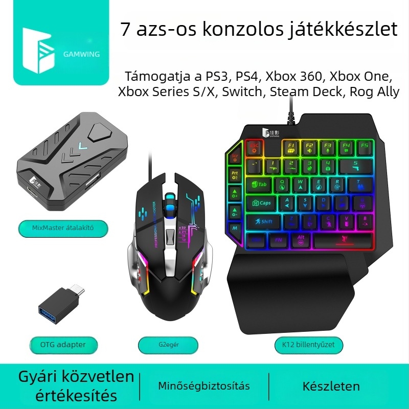 Mix Master billentyűzet‑egér konverter játékkonzolokhoz, USB billentyűzet- és USB egér interfészekkel, 3200dpi optikai szenzor, 1,4 m kábel, háttérvilágítással rendelkező ergonikus kialakítás