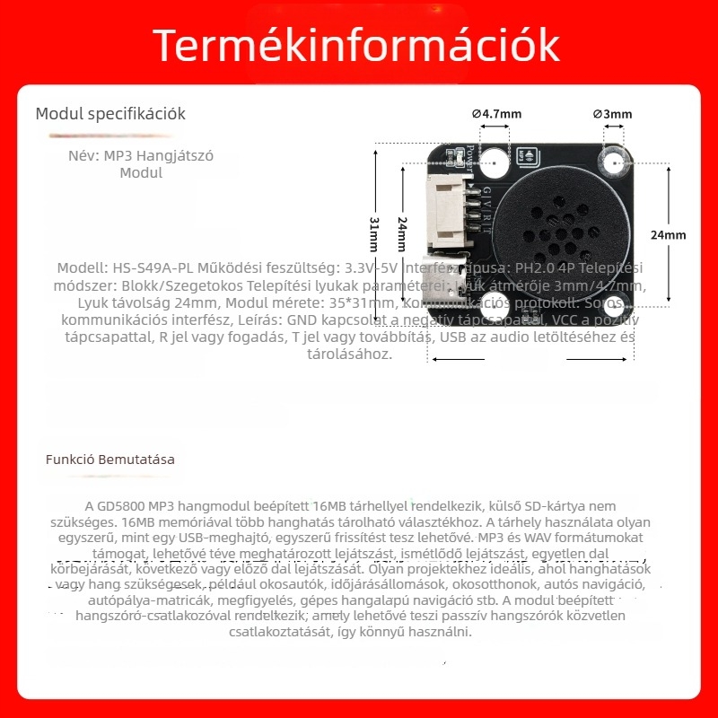 MP3 hang-visszajátszó modul Arduino-hoz, LEGO-kompatibilis, soros porttal történő vezérléssel – Modell HS-S49PL