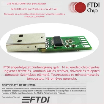 FTDI USB-RS232 adapterkártya, FTDI chip, USB-serial interfész, adatátvitel 115200, modell SN-200123