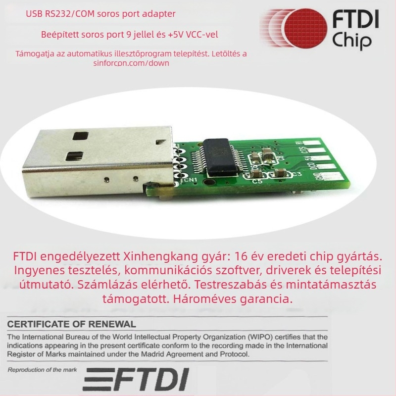 FTDI USB-RS232 adapterkártya, FTDI chip, USB-serial interfész, adatátvitel 115200, modell SN-200123