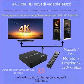 4K HD médialejátszó RK3229 processzorral, 4GB RAM, 8GB ROM, akár 2TB tárhelyig, 3840x2160 kimenet, USB/TF lejátszás, bekapcsolás után automatikus ismétlés, portré és tájolás támogatás