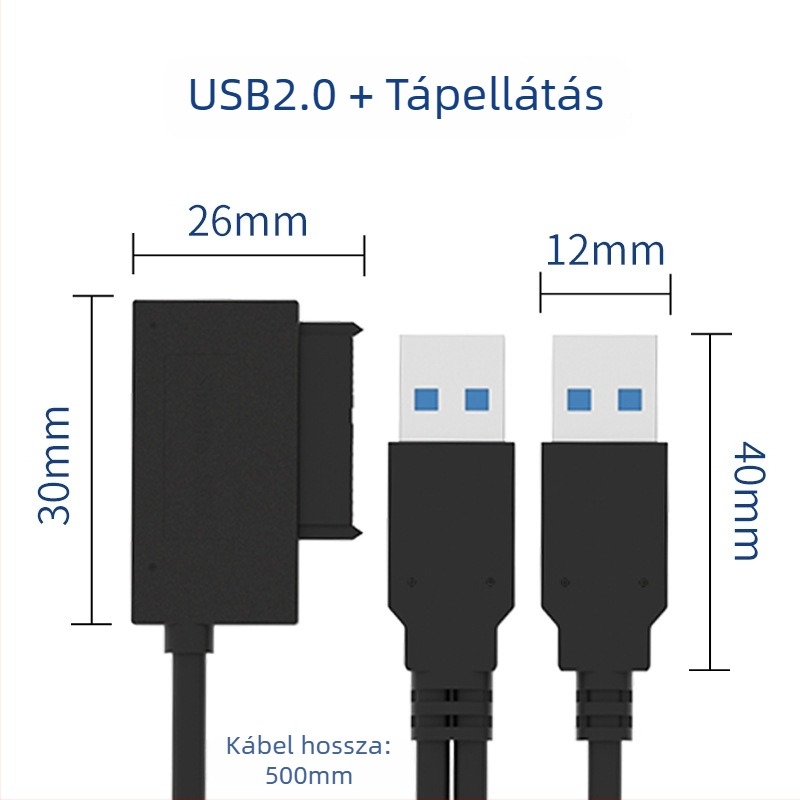 SATA külső adapterkábel USB 2.0, 50 cm, rézmaggal, egyfejű csatlakozó