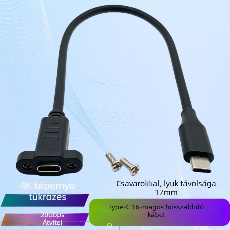 USB-C 3.2 hosszabbító kábel, 4K videó, 20 Gbps adatátvitel, USB-C férfi–nő, szerelési fülekkel a ház paneljéhez