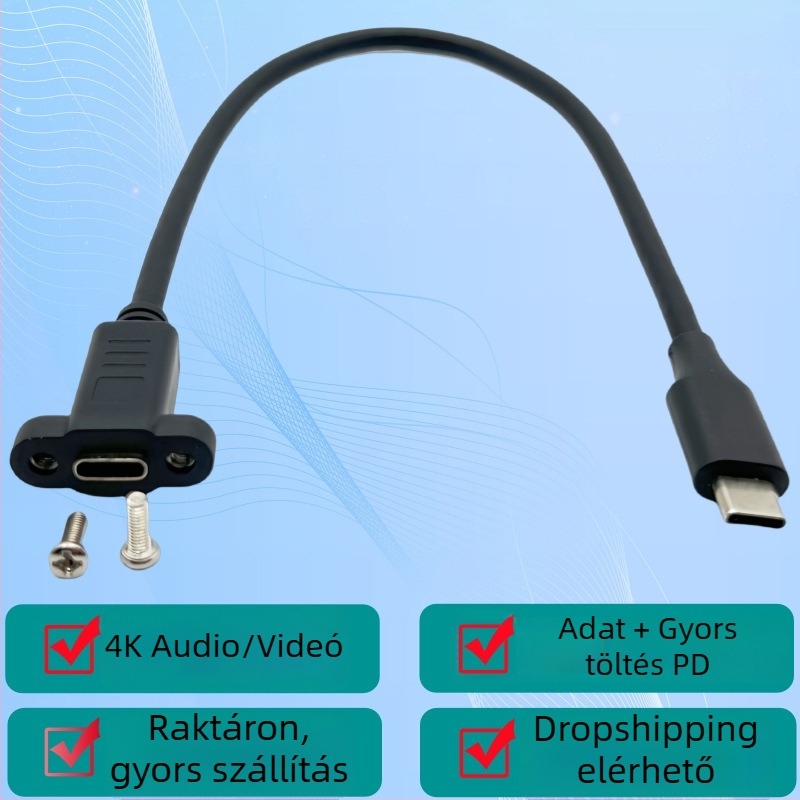 USB-C 3.2 hosszabbító kábel, 4K videó, 20 Gbps adatátvitel, USB-C férfi–nő, szerelési fülekkel a ház paneljéhez