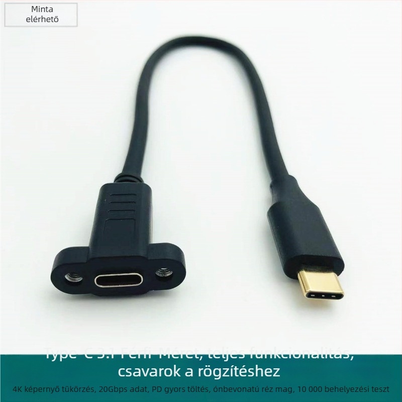 USB-C 3.2 hosszabbító kábel, 4K videó, 20 Gbps adatátvitel, USB-C férfi–nő, szerelési fülekkel a ház paneljéhez