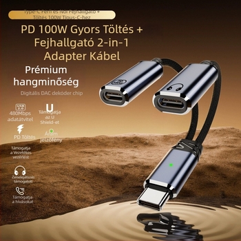 Type-C-ről Type-C-re 2 az 1-ben töltés és audio adapter kábel, kettős kimenet, 480 Mbps