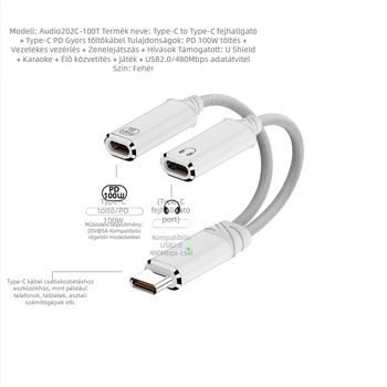 Type-C-ről Type-C-re 2 az 1-ben töltés és audio adapter kábel, kettős kimenet, 480 Mbps