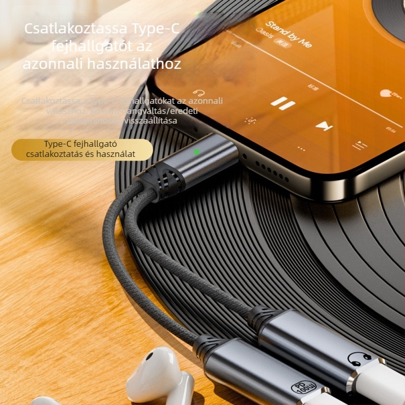 Type-C-ről Type-C-re 2 az 1-ben töltés és audio adapter kábel, kettős kimenet, 480 Mbps