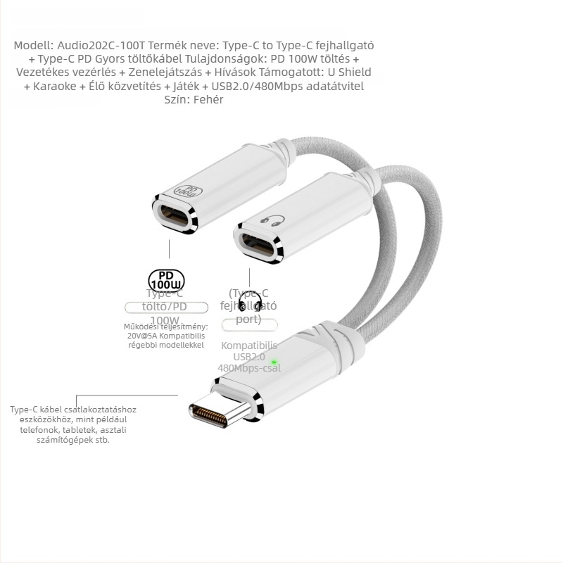 Type-C-ről Type-C-re 2 az 1-ben töltés és audio adapter kábel, kettős kimenet, 480 Mbps