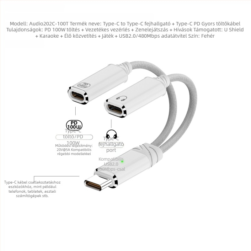 Type-C-ről Type-C-re 2 az 1-ben töltés és audio adapter kábel, kettős kimenet, 480 Mbps