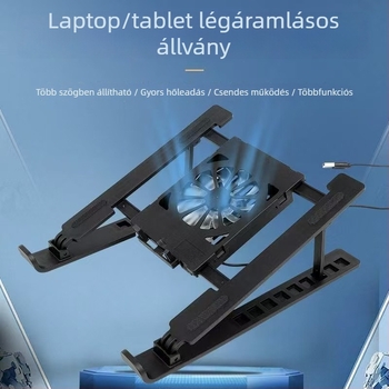 Csendes laptophűtő állvány állítható magassággal, kihúzható alap és beépített ventilátor