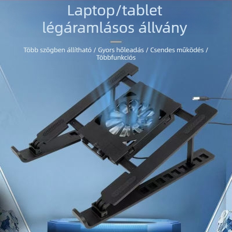 Csendes laptophűtő állvány állítható magassággal, kihúzható alap és beépített ventilátor