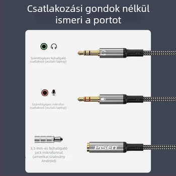 Pisen 2 az 1-ben fejhallgató/mikrofon adapter, 2-utas hangkimenet elosztó PC-hez és telefonhoz