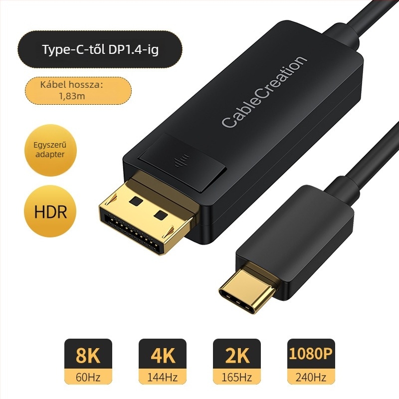 Type-C to DP 1.4 adapter kábel – kétirányú, 8K60Hz, 4K144Hz/165Hz, CH7213A-BF, TUSB544, réz mag