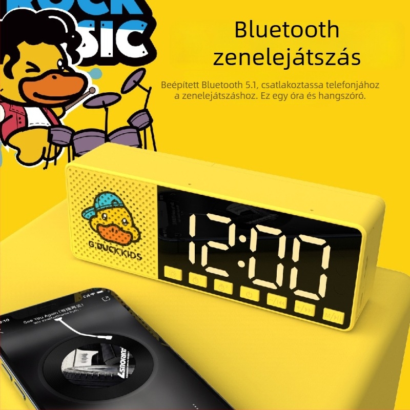 G.DUCK Kis sárga kacsa többfunkciós ébresztőóra internete rádióval, SD-kártyaolvasóval, kettős ébresztéssel, tükrös felülettel, Bluetooth hangszóró