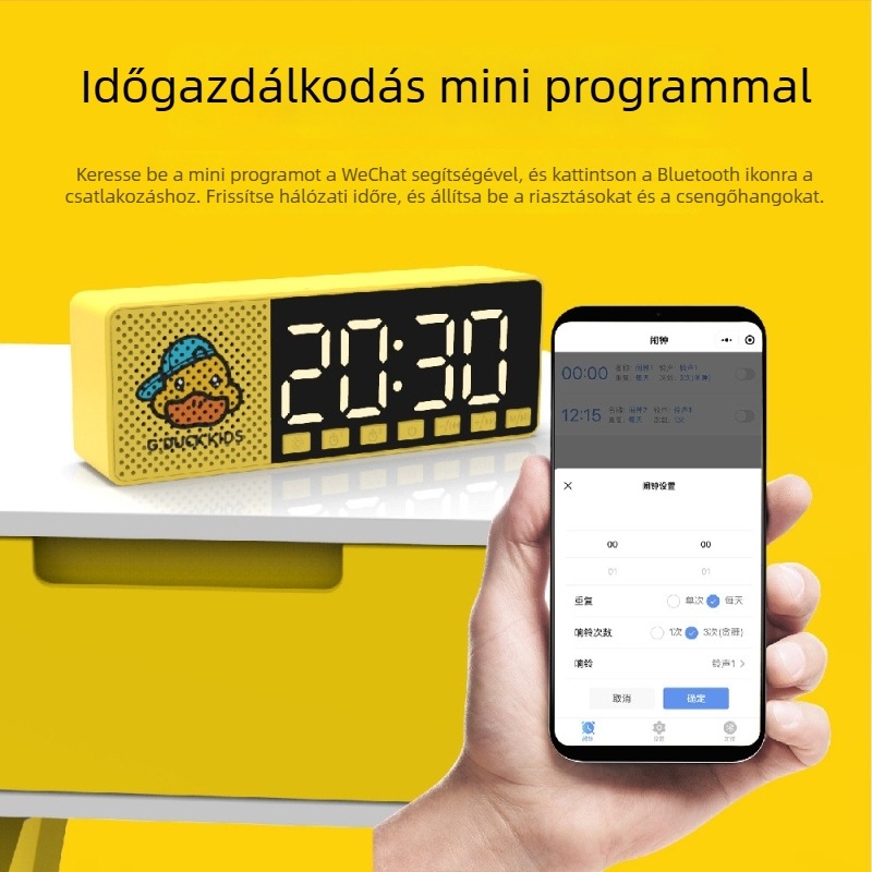 G.DUCK Kis sárga kacsa többfunkciós ébresztőóra internete rádióval, SD-kártyaolvasóval, kettős ébresztéssel, tükrös felülettel, Bluetooth hangszóró