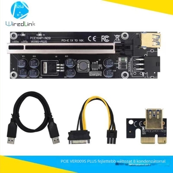 PCIE VER009S PLUS PCIe grafikus kártya hosszabbító adapter, 1X-16X, 8 LED kondenzátor, ónzott rézmag