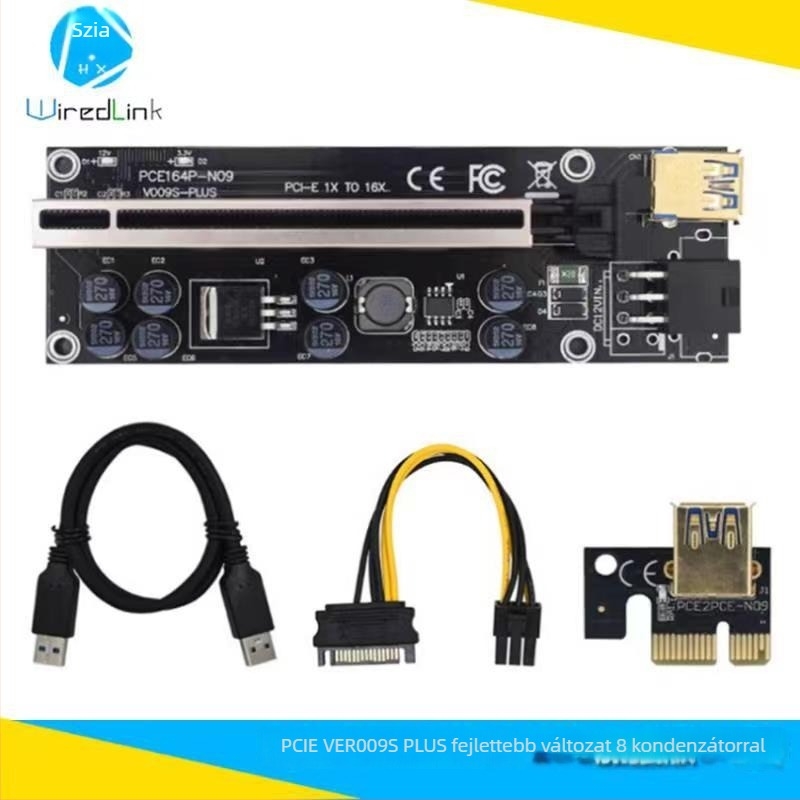 PCIE VER009S PLUS PCIe grafikus kártya hosszabbító adapter, 1X-16X, 8 LED kondenzátor, ónzott rézmag