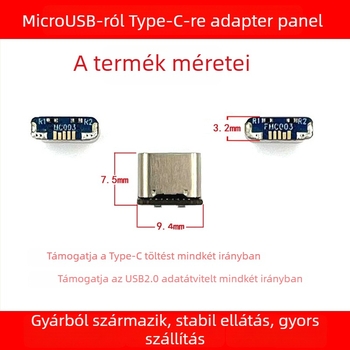 MicroUSB–ról Type-C adapter PCB a PS4-es vezérlőhöz, USB 2.0 interfész, 7,5 mm hosszú, rézmag, modell MC003 / FMC003
