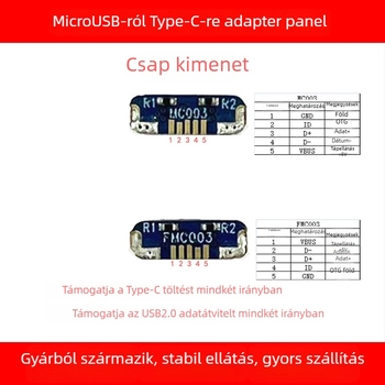 MicroUSB–ról Type-C adapter PCB a PS4-es vezérlőhöz, USB 2.0 interfész, 7,5 mm hosszú, rézmag, modell MC003 / FMC003