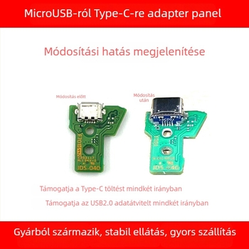 MicroUSB–ról Type-C adapter PCB a PS4-es vezérlőhöz, USB 2.0 interfész, 7,5 mm hosszú, rézmag, modell MC003 / FMC003