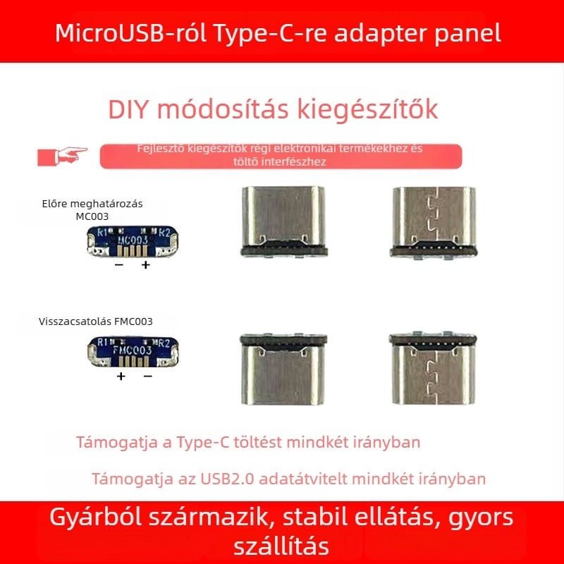 MicroUSB–ról Type-C adapter PCB a PS4-es vezérlőhöz, USB 2.0 interfész, 7,5 mm hosszú, rézmag, modell MC003 / FMC003