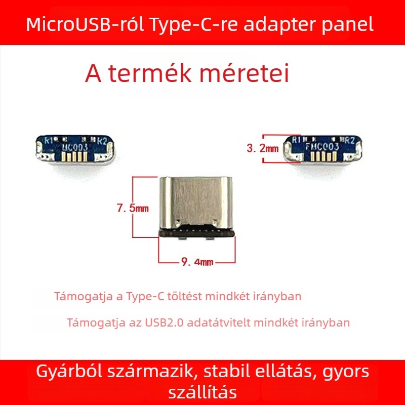 MicroUSB–ról Type-C adapter PCB a PS4-es vezérlőhöz, USB 2.0 interfész, 7,5 mm hosszú, rézmag, modell MC003 / FMC003
