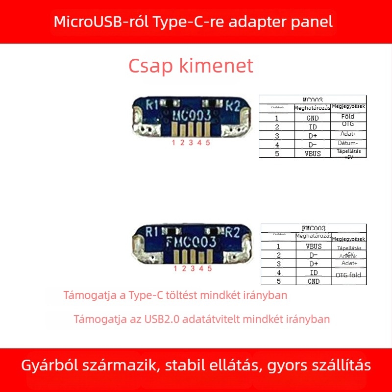 MicroUSB–ról Type-C adapter PCB a PS4-es vezérlőhöz, USB 2.0 interfész, 7,5 mm hosszú, rézmag, modell MC003 / FMC003