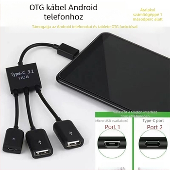 OTG Micro USB adatkábel okostelefonokra és tabletekre háromágú osztóval (USB 2.0, 480 Mbps, 15 cm)