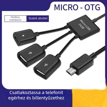 OTG Micro USB adatkábel okostelefonokra és tabletekre háromágú osztóval (USB 2.0, 480 Mbps, 15 cm)