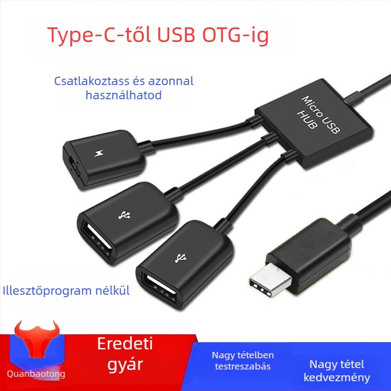 OTG Micro USB adatkábel okostelefonokra és tabletekre háromágú osztóval (USB 2.0, 480 Mbps, 15 cm)