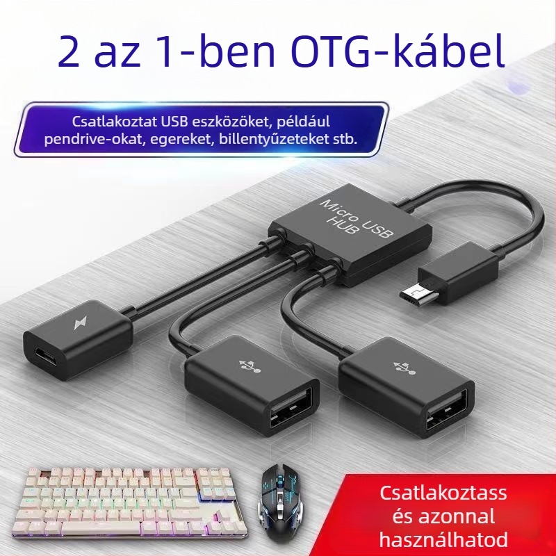 OTG Micro USB adatkábel okostelefonokra és tabletekre háromágú osztóval (USB 2.0, 480 Mbps, 15 cm)