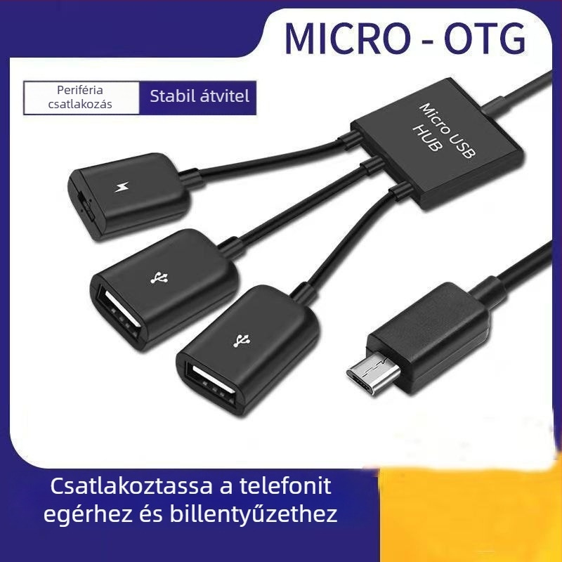 OTG Micro USB adatkábel okostelefonokra és tabletekre háromágú osztóval (USB 2.0, 480 Mbps, 15 cm)