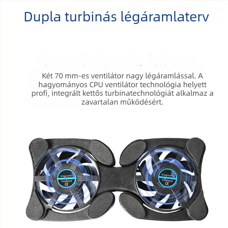 Összecsukható notebook hűtő USB-s táplálással, két ventilátorral (két ventilátor, légáramlás, műanyag burkolat)