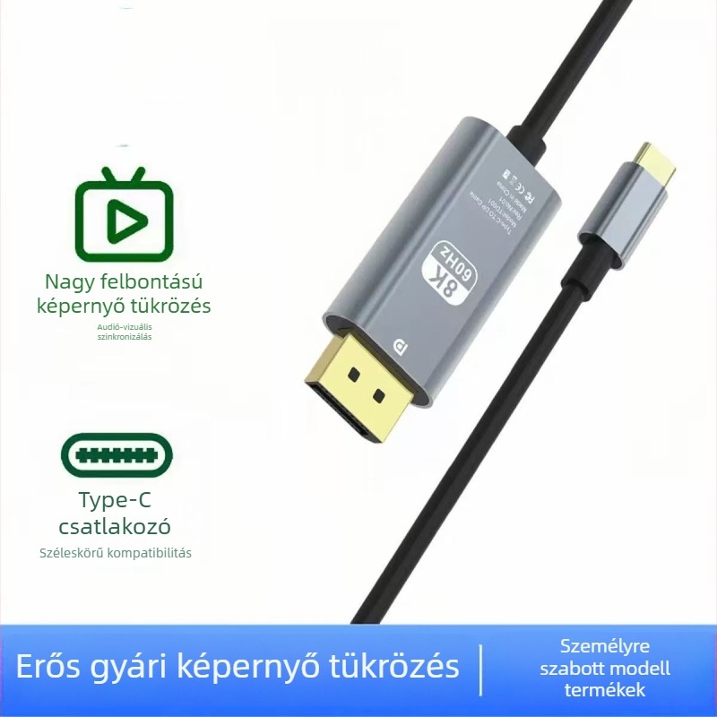 DisplayPort to DisplayPort adapterkábel, DP 1.4, 8K60Hz támogatás, Type-C to DP videó átalakító, 2 m hosszú