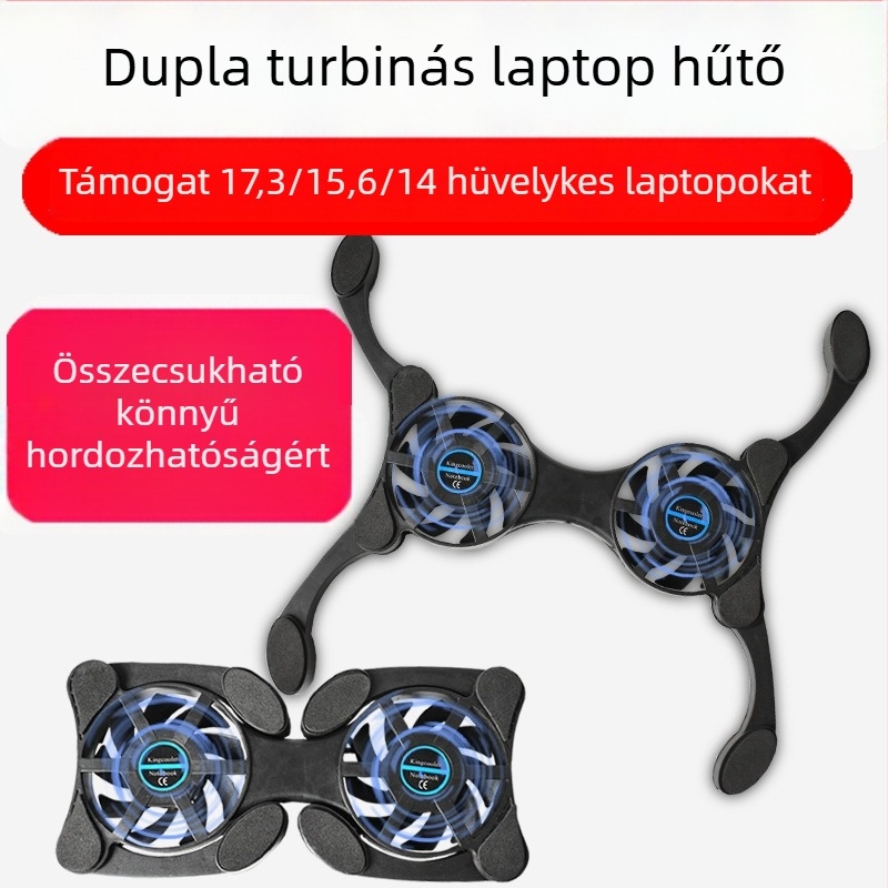 Notebook radiátor – hordozható, összecsukható, légáramlásos hűtés, 2 ventilátor, kompatibil notebook/ ultrabook/ Playbook