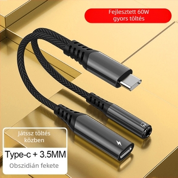 Type-C 2 az 1-ben audio- és töltésadapter kábel, 3,5 mm-ről Type-C-re, rézmag, 16bit/48kHz hang, PD60W gyors töltés