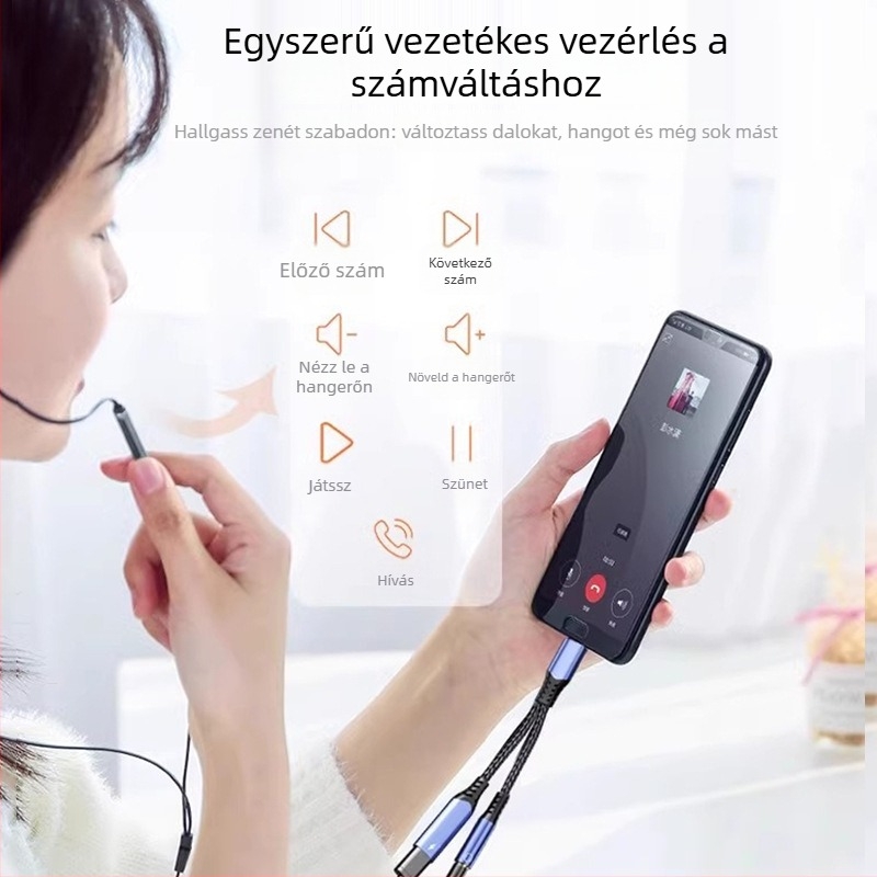 Type-C 2 az 1-ben audio- és töltésadapter kábel, 3,5 mm-ről Type-C-re, rézmag, 16bit/48kHz hang, PD60W gyors töltés