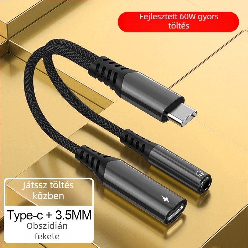 Type-C 2 az 1-ben audio- és töltésadapter kábel, 3,5 mm-ről Type-C-re, rézmag, 16bit/48kHz hang, PD60W gyors töltés
