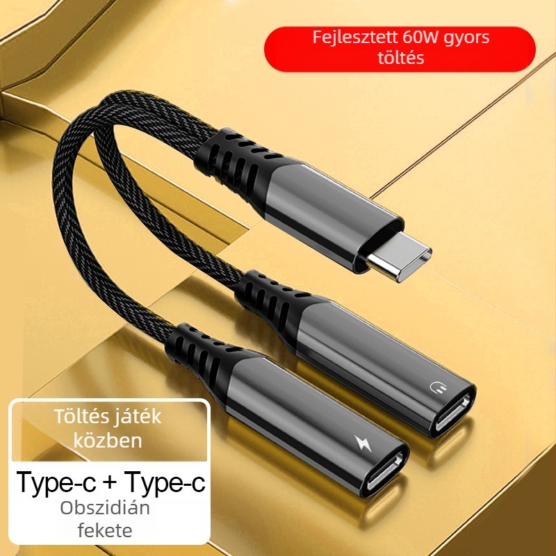 Type-C 2 az 1-ben audio- és töltésadapter kábel, 3,5 mm-ről Type-C-re, rézmag, 16bit/48kHz hang, PD60W gyors töltés