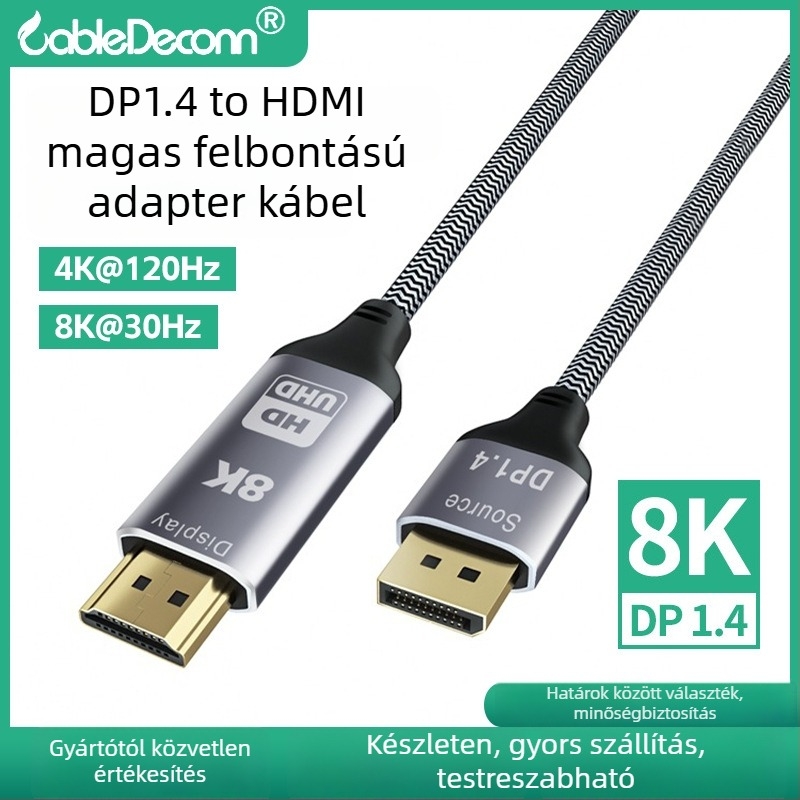 DP 1.4–tól HDMI-ért adapterkábel, 8K@30Hz, 40 Gbps adatátvitel, modell F0206, asztali monitorhoz
