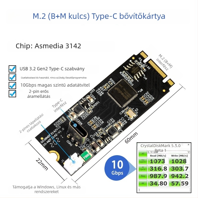 M.2-USB-C bővítő kártya ASMedia 3142-vel, 10 Gbps USB 3.2 Gen2 adapter