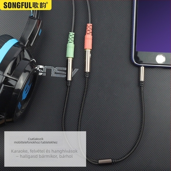 Audió adapterkábel 1–2-es osztóval, nylon fonat kábel, rézmag, audió kimenet, késleltetés nélkül