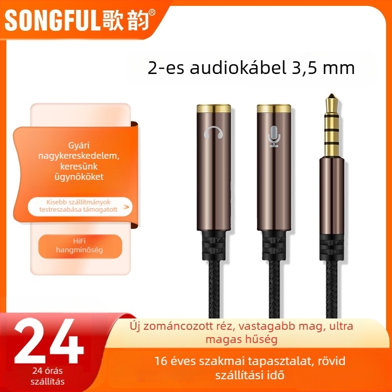 Audió adapterkábel 1–2-es osztóval, nylon fonat kábel, rézmag, audió kimenet, késleltetés nélkül