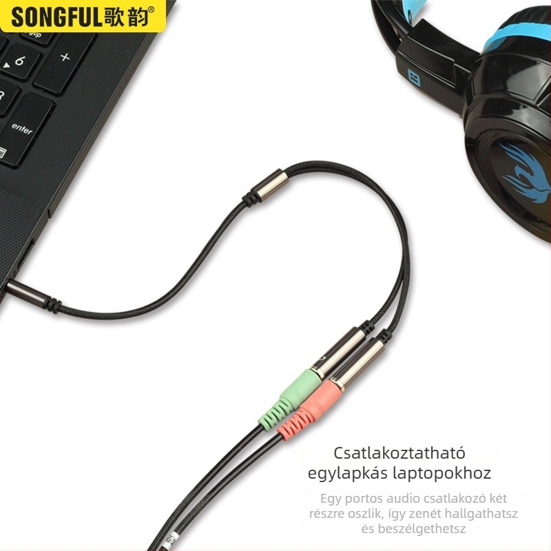 Audió adapterkábel 1–2-es osztóval, nylon fonat kábel, rézmag, audió kimenet, késleltetés nélkül