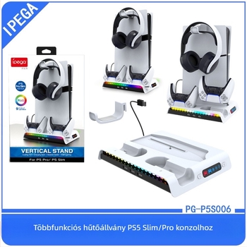 PS5slim hűtőalap RGB világítással, lemez tároló állvány, headset-akasztó, USB csatlakozó, ABS-anyag
