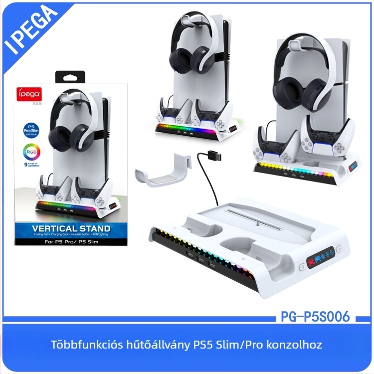 PS5slim hűtőalap RGB világítással, lemez tároló állvány, headset-akasztó, USB csatlakozó, ABS-anyag