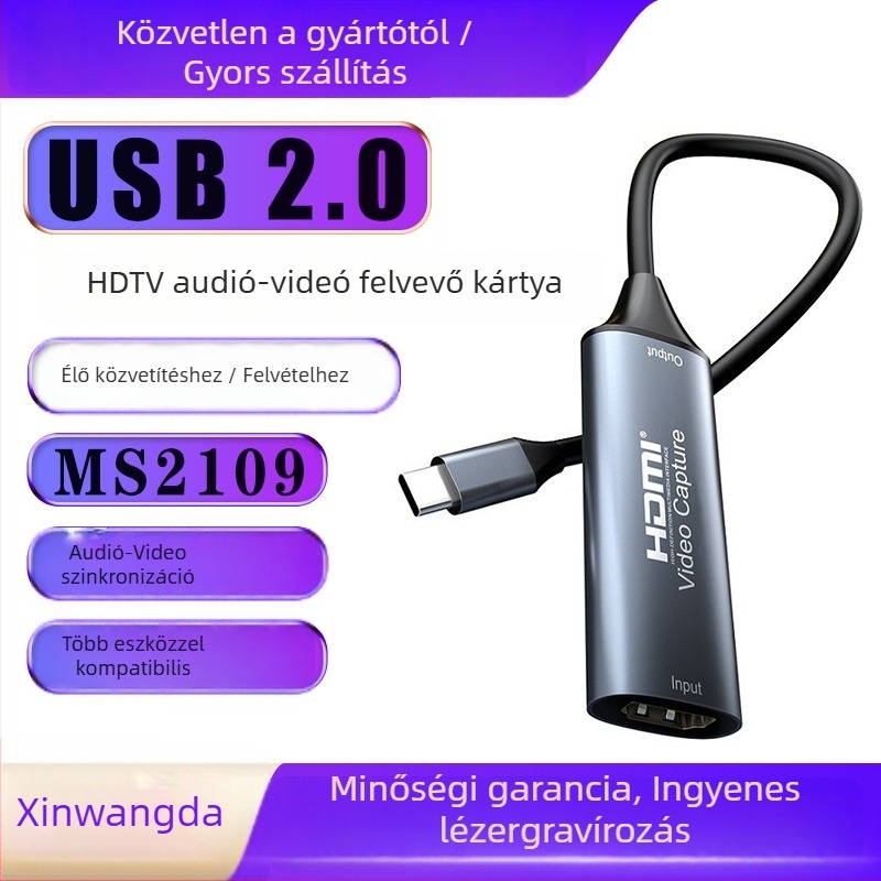 HDMI–ről USB‑C 3.0 videó rögzítő kártya, MS2109 chipset, USB 3.0 interfész, 1080p30 kimenet, 20 cm rézmagú kábel